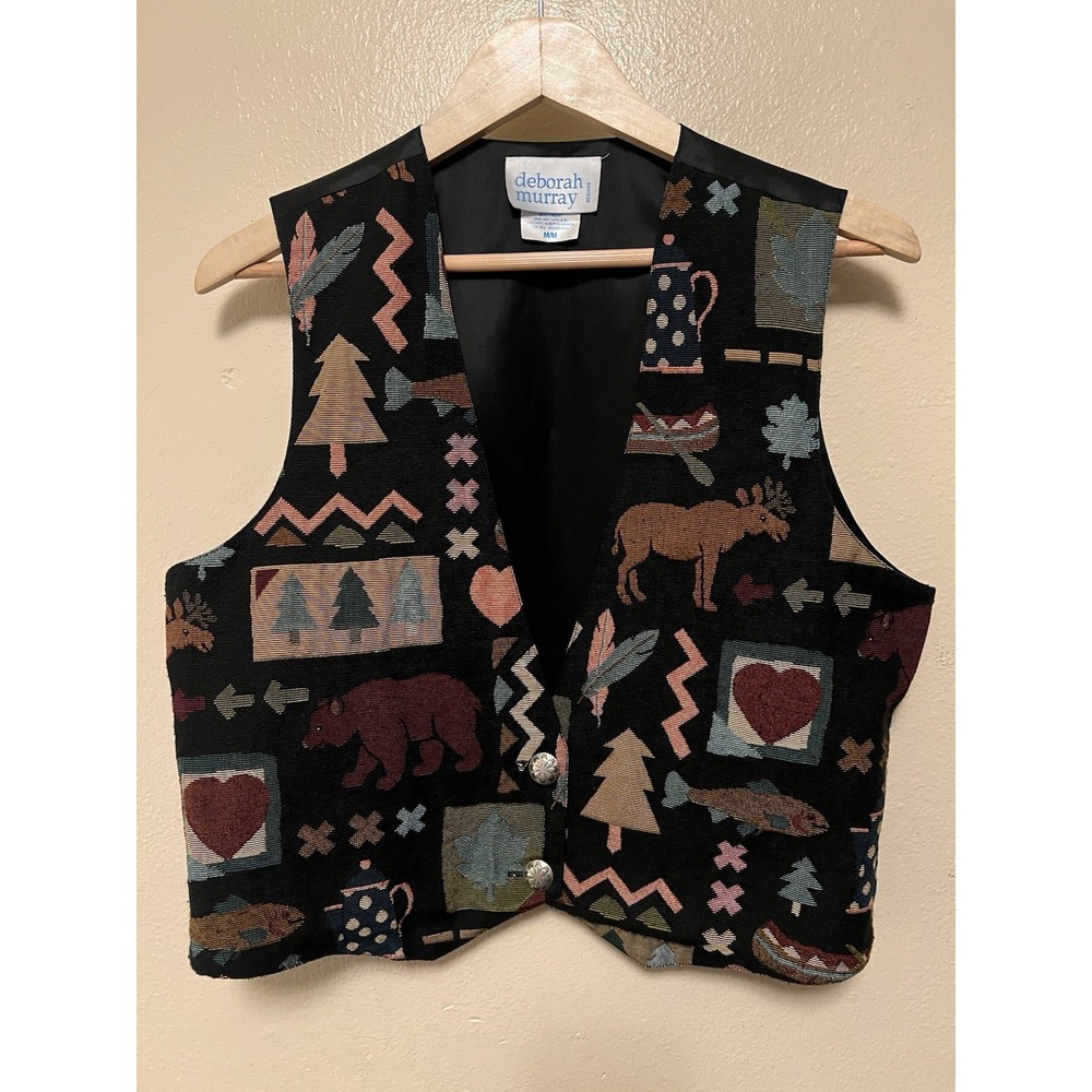 Vtg Deborah Murray Northern Isles Vest Tapestry Moose Fish Cabin Lake Women's M‎